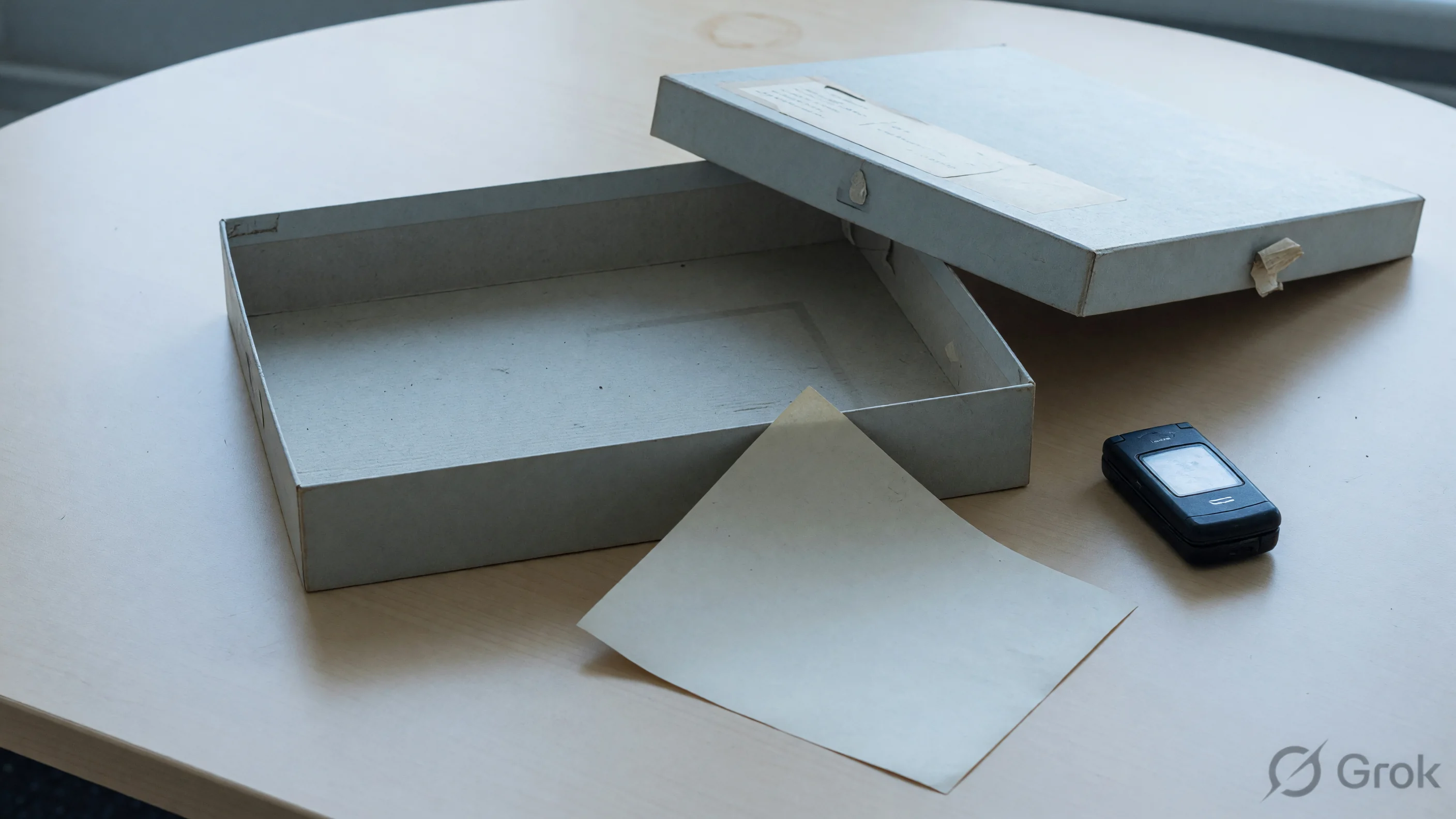 Empty archival box with its lid set aside and a closed phone