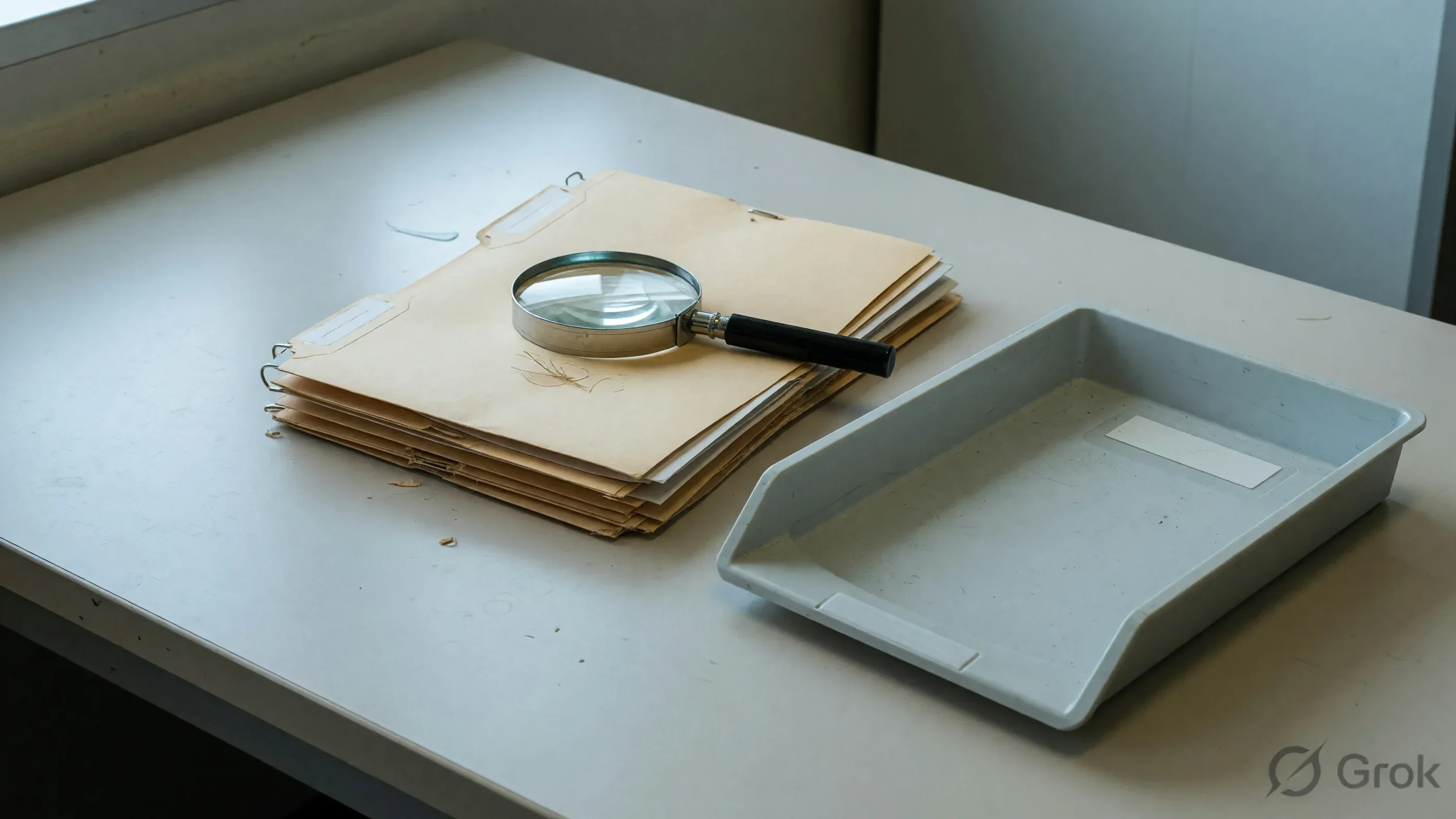 Stack of unlabeled hanging folders and a magnifying loupe