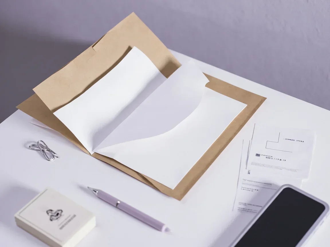 Manila folder, pen and face-down phone on a white desk